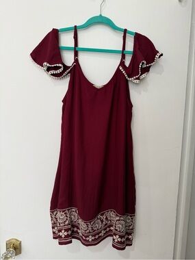 Francesca's Collections Burgundy Cold-Shoulder Embroidered Dress